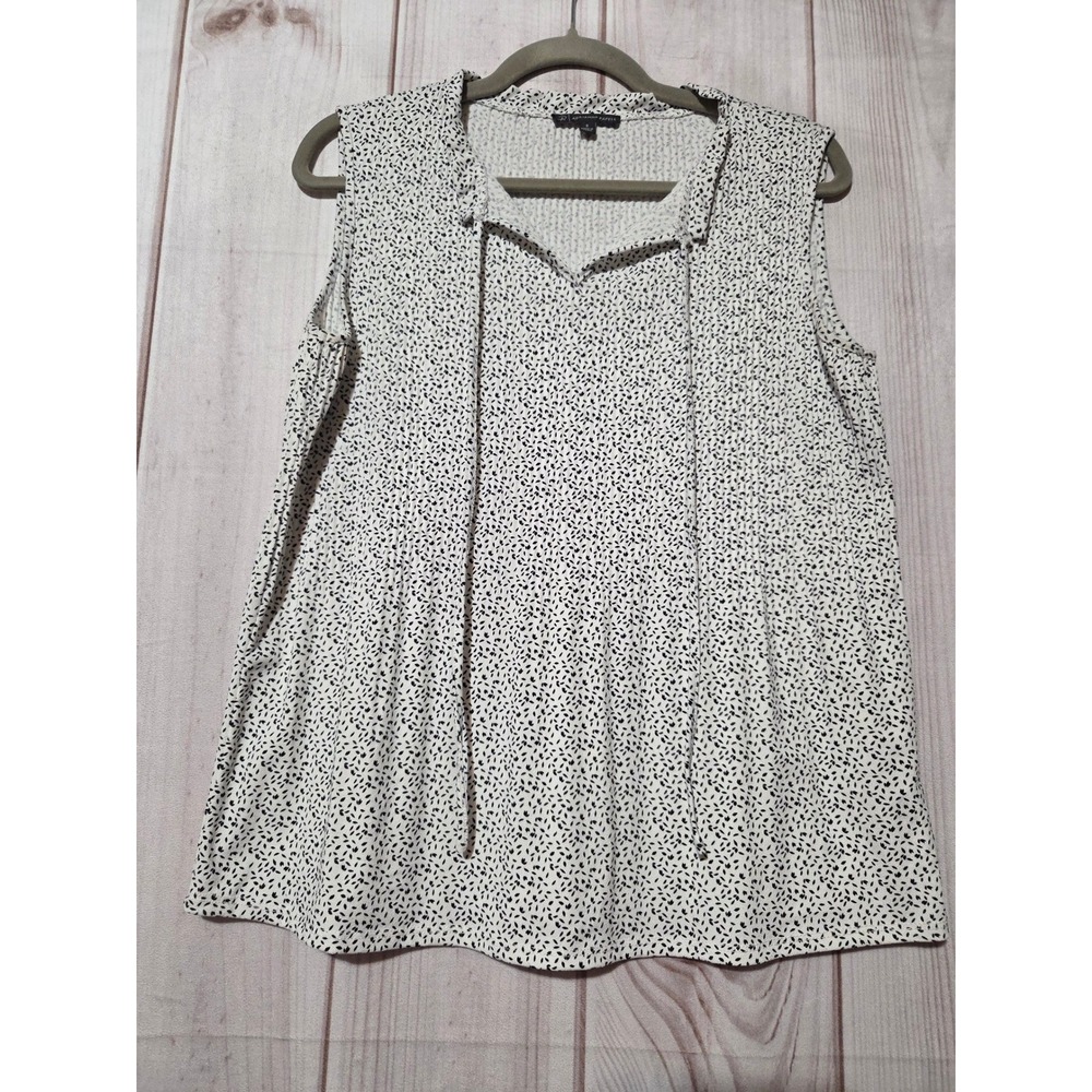 Adrianna Papell Womens Small Black White Micro Pleat Tie Neck Sleeveless Blouse